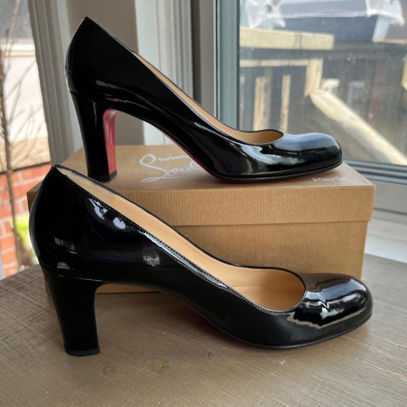 Christian Louboutin Miss Tack 70 Black Patent Leather Block Heel Pumps - Picture 3 of 8